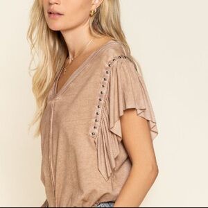 Women's Taupe V-Neck Ruffle Sleeve Top